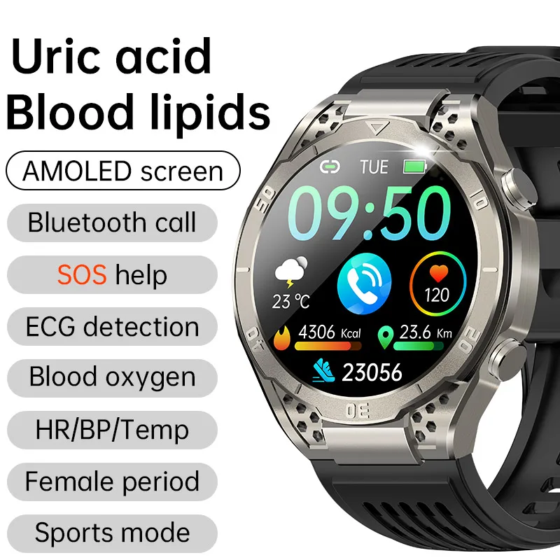

2024 New Uric Acid Smart Watch 1.43" AMOLED Clock PPG+ECG Blood Lipids Fat Oxygen Pressure Wristwatch Men BT Call SOS Smartwatch
