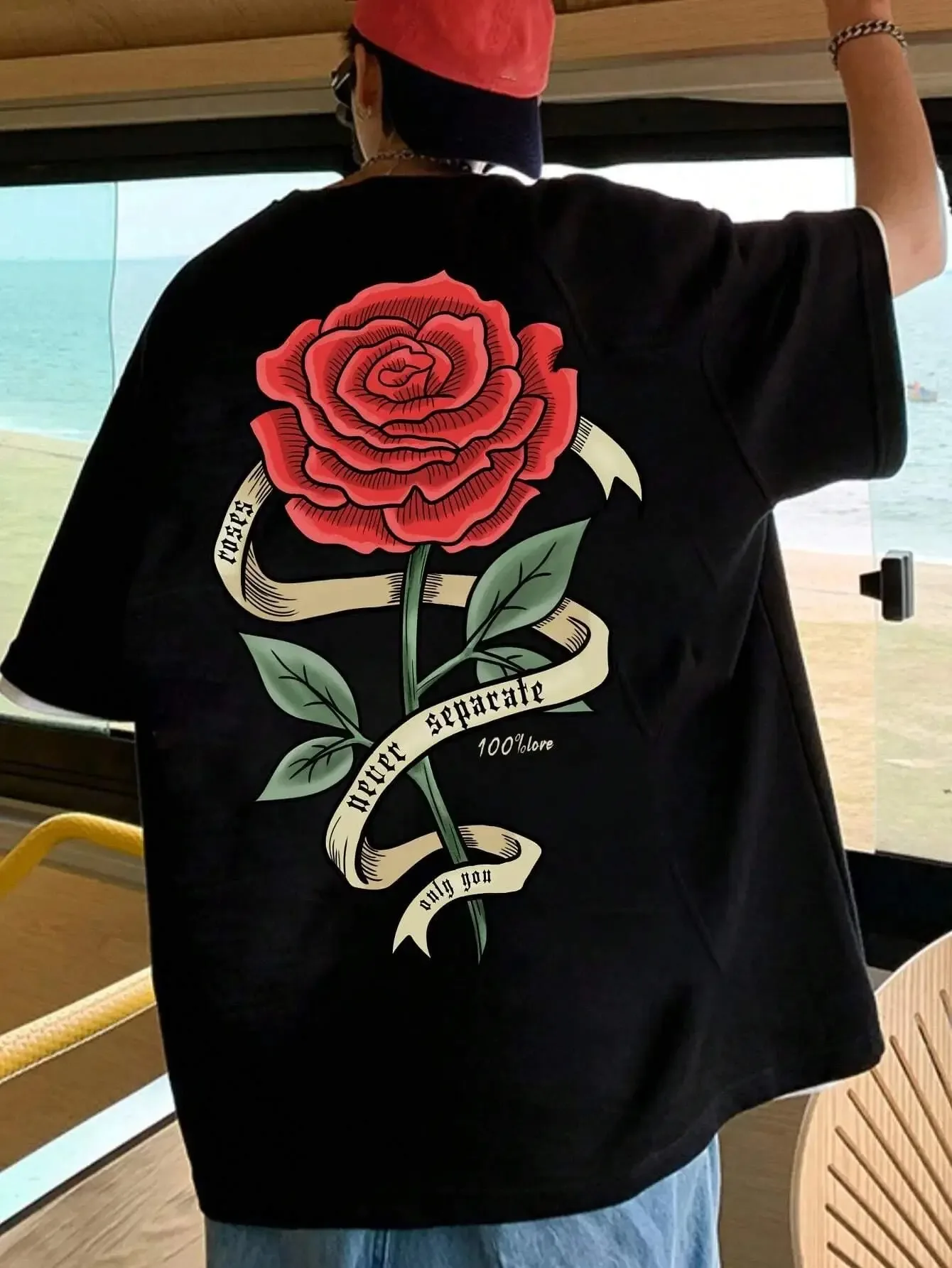 

Men's Summer Cotton Red Rose Wrapped Ribbon Printed T-Shirt Breathable Large Casual Loose T-Shirt Short Sleeve