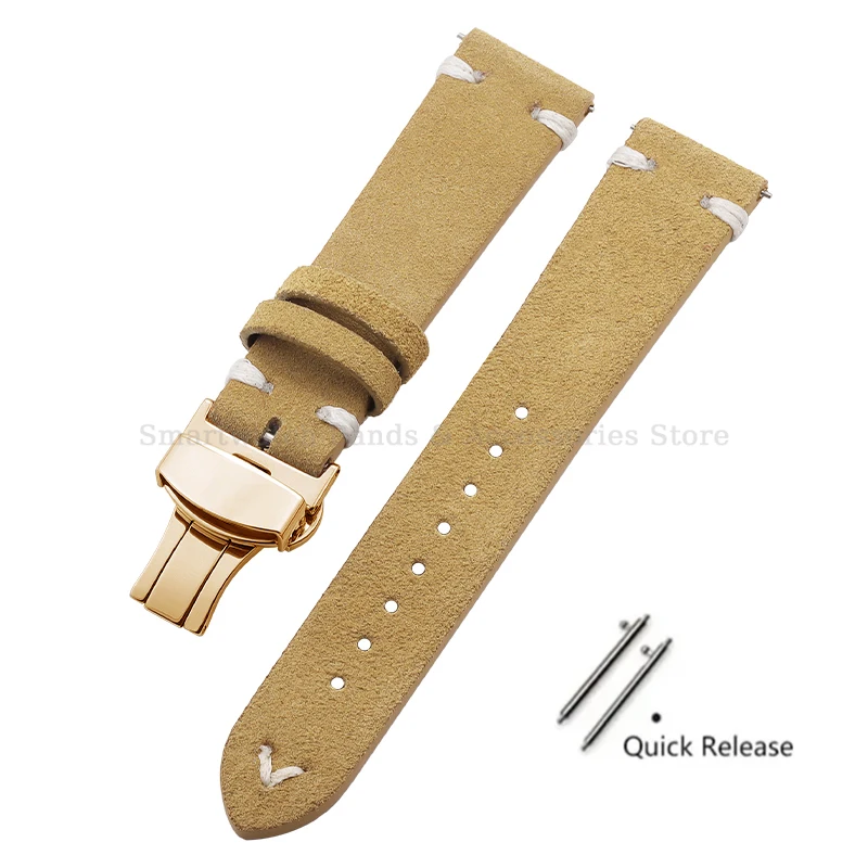 Vintage Handmade Suede Stitch Leather Watch Strap with Quick Release and Folding Clasp