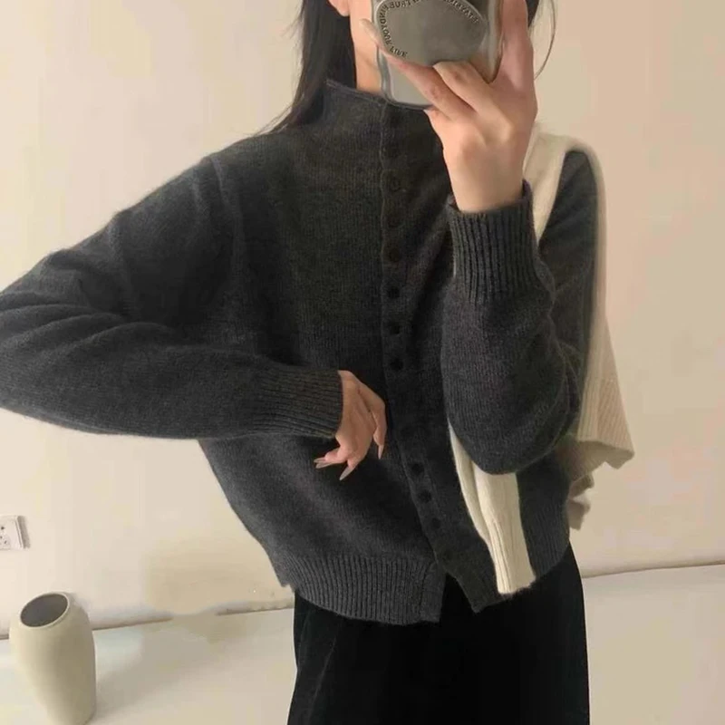 Women Stand Collar Button Down Knit