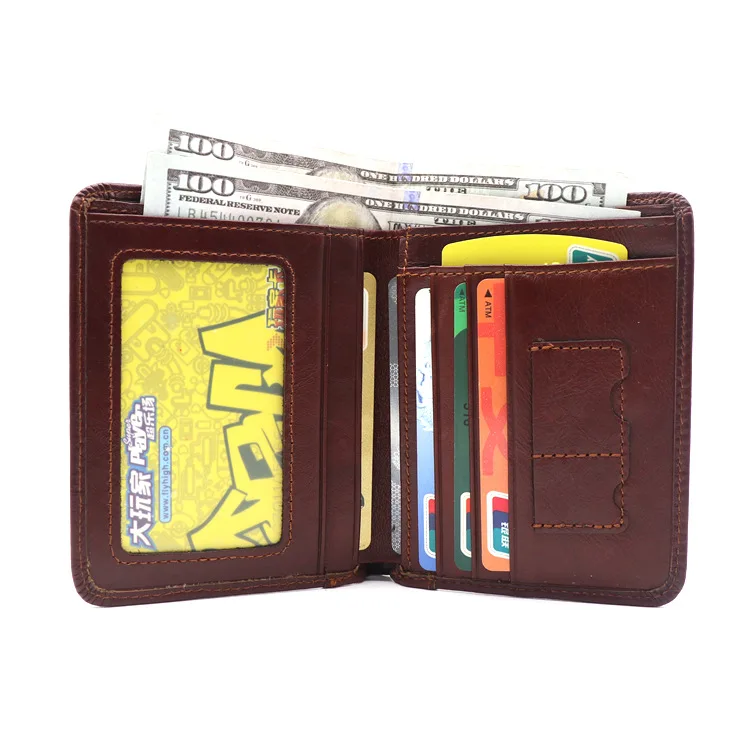 New Oil Wax Leather Short Wallet Brown RFID Vertical Plain Skin Mobile Phone Card Memory Card Bit Money Clip