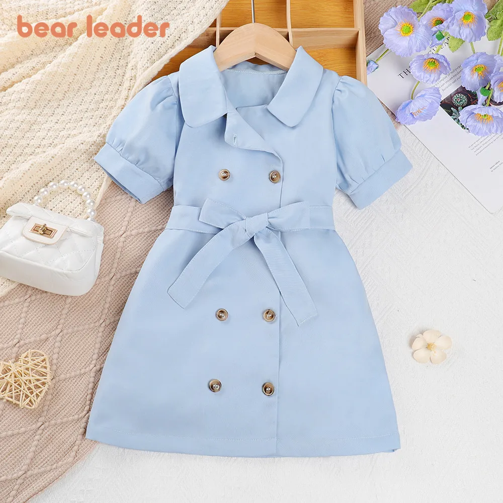 Bear Leader 3-7 Years Summer Lapel Double Breasted Blue Girls Dress Solid Color Short Sleeved Bow Waistband Children’s Clothing