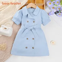 Bear Leader 3-7 Years Summer Lapel Double Breasted Blue Girls Dress Solid Color Short Sleeved Bow Waistband Children’s Clothing