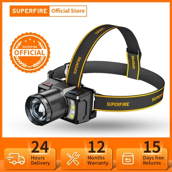 SUPERFIRE HL25/A COB + LED 센서 헤드램프, USB-C 충전식 헤드라이트, 낚시 줌 가능, 방수, 매우 밝은 캠핑 랜턴