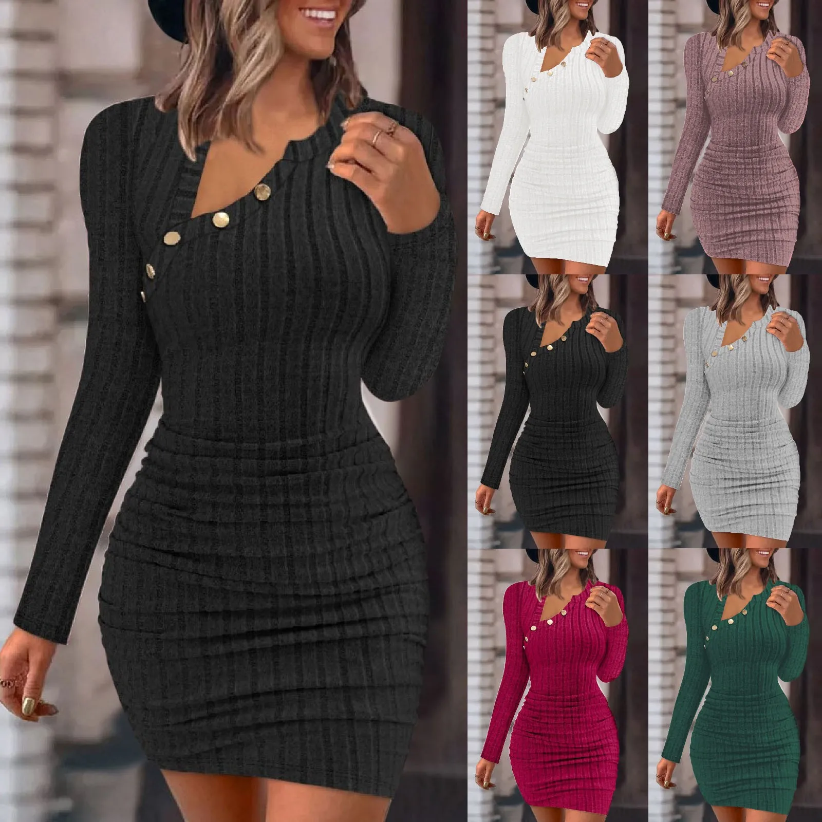 

Women's Solid Color Off Shoulder Slant Neck Tight Hip Hugging Fashion Slim Sexy Long Sleeved Dress Vestidos Boho