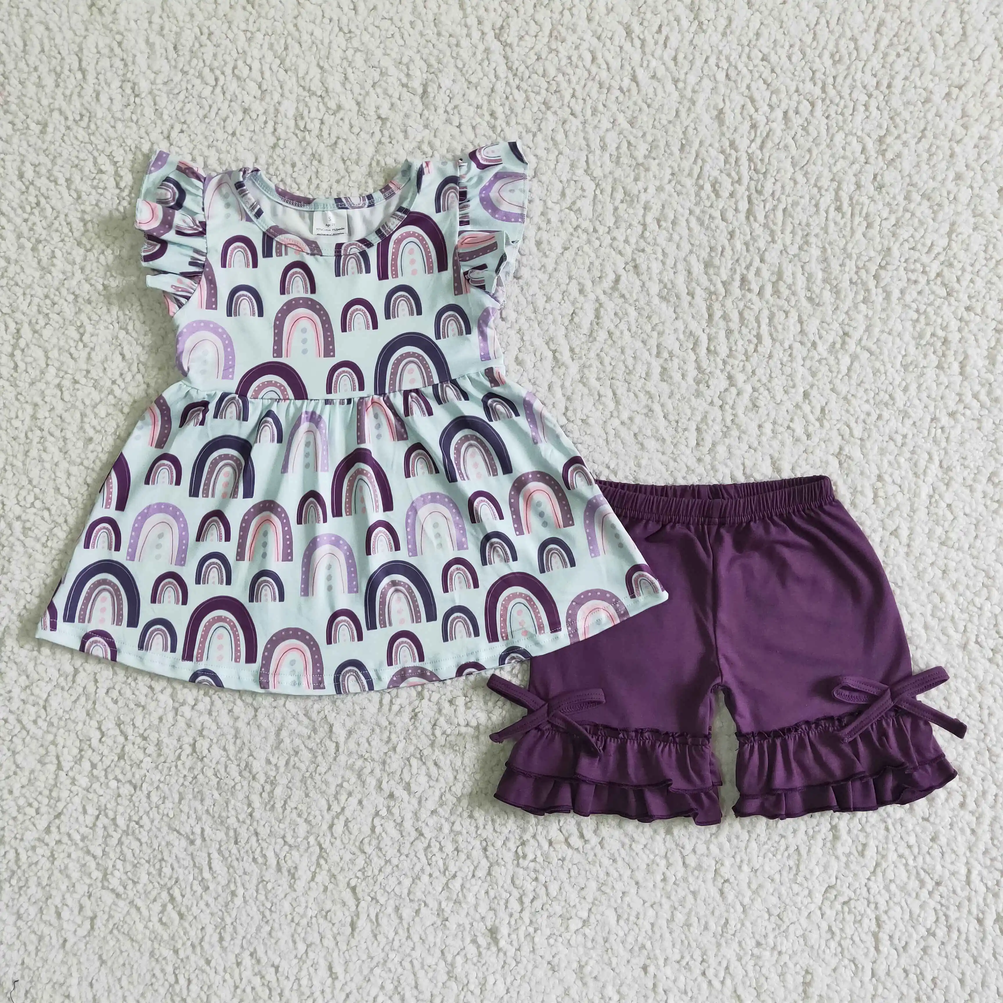 

girl rainbow short sleeve tunic match dark purple shorts 2pcs with bow