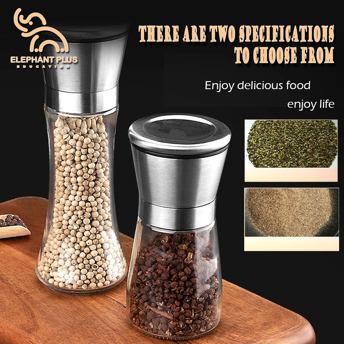 Kitchen Grinder 304 Stainless Steel - for Pepper, Sea Salt & Spices, Adjustable Coarse to Fine, Refillable with Glass Jar - Image 2