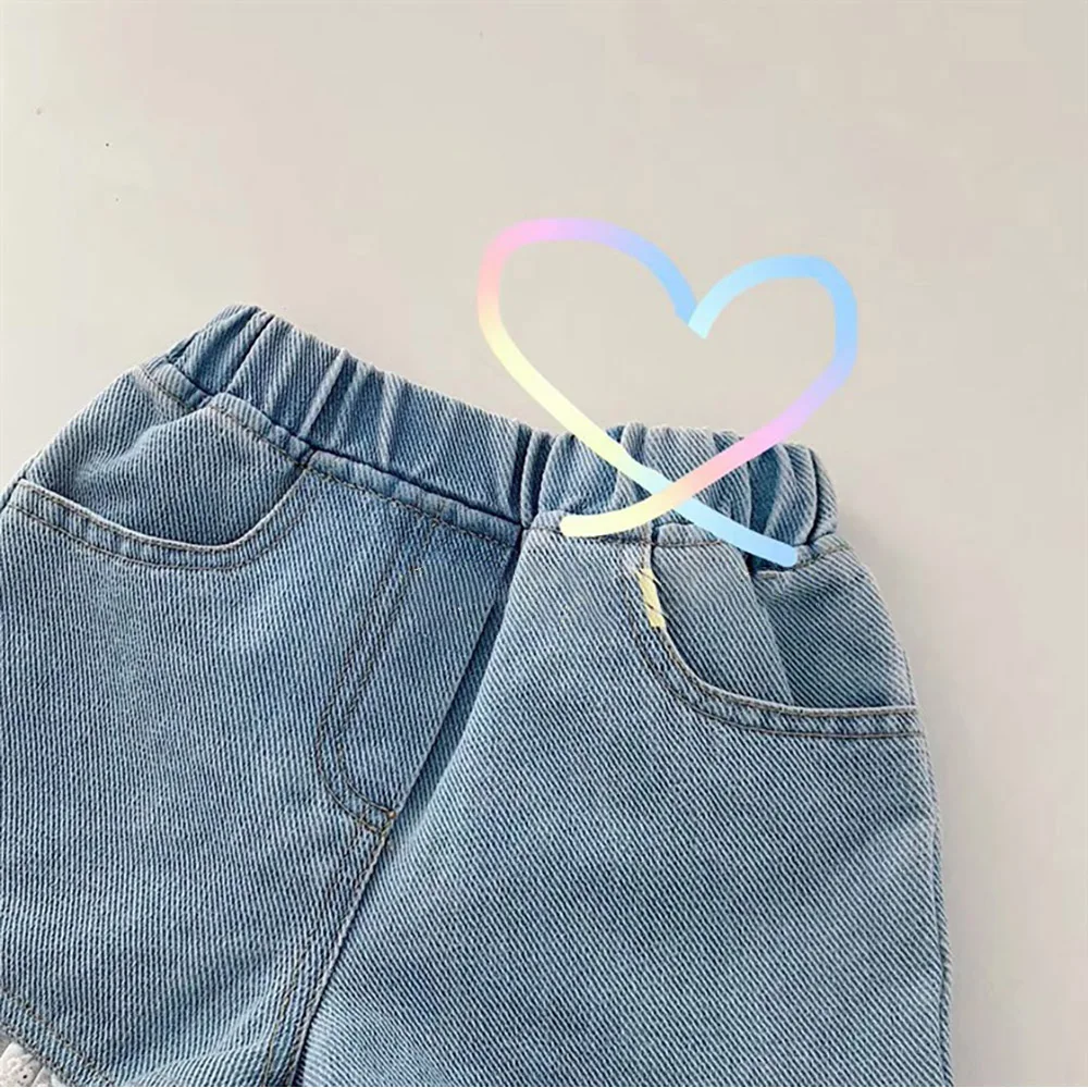 Summer Kids Girls Shorts Korean Style Patchwork Lace Denim Shorts Casual Loose Elastic Waist Ruffles Hot Pants Girl Short Jeans kids shorts