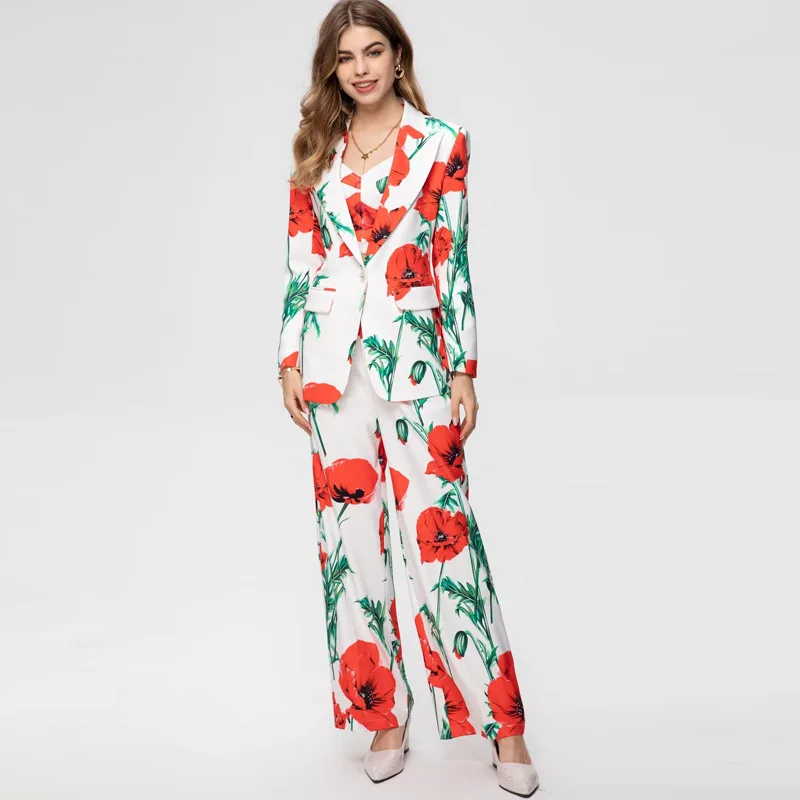 Ladies Suits Floral Blazer Loose Long Pants Set Stylish Spring Runway Luxury Designer Fashion For Women 2023 2019 elegant women belt fashion ladies skinny waist strap for jeans pants dress designer cowhide belt women s belts