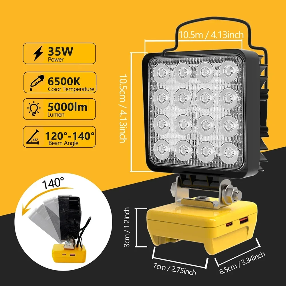 LED Flashlight, LED Work Light, Work Light 16 LED Working Lights Flashlight Torch Spotlights Type C USB Power Bank For DeWalt 18V 20V Lithium Battery High Low Beam Control