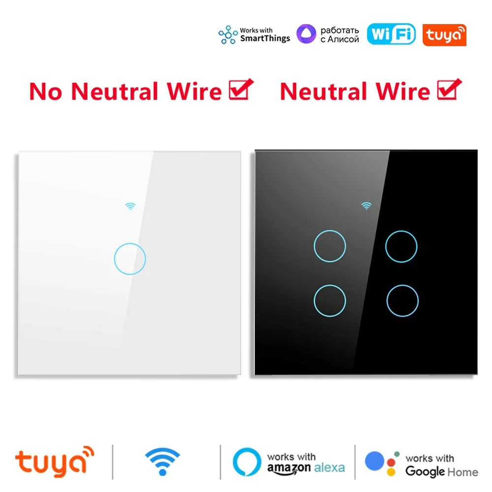 Tuya Smart Wifi EU Wall Glass Touch Switch No Neutral Wires Wireless Remote Control Light Switch 1-4ang for Alexa Google Home