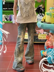 HOUZHOU American Vintage Flare Jeans Women Blue Wash High Waist High Street Style Print Beaded Straight Y2K Retro Denim Trouser