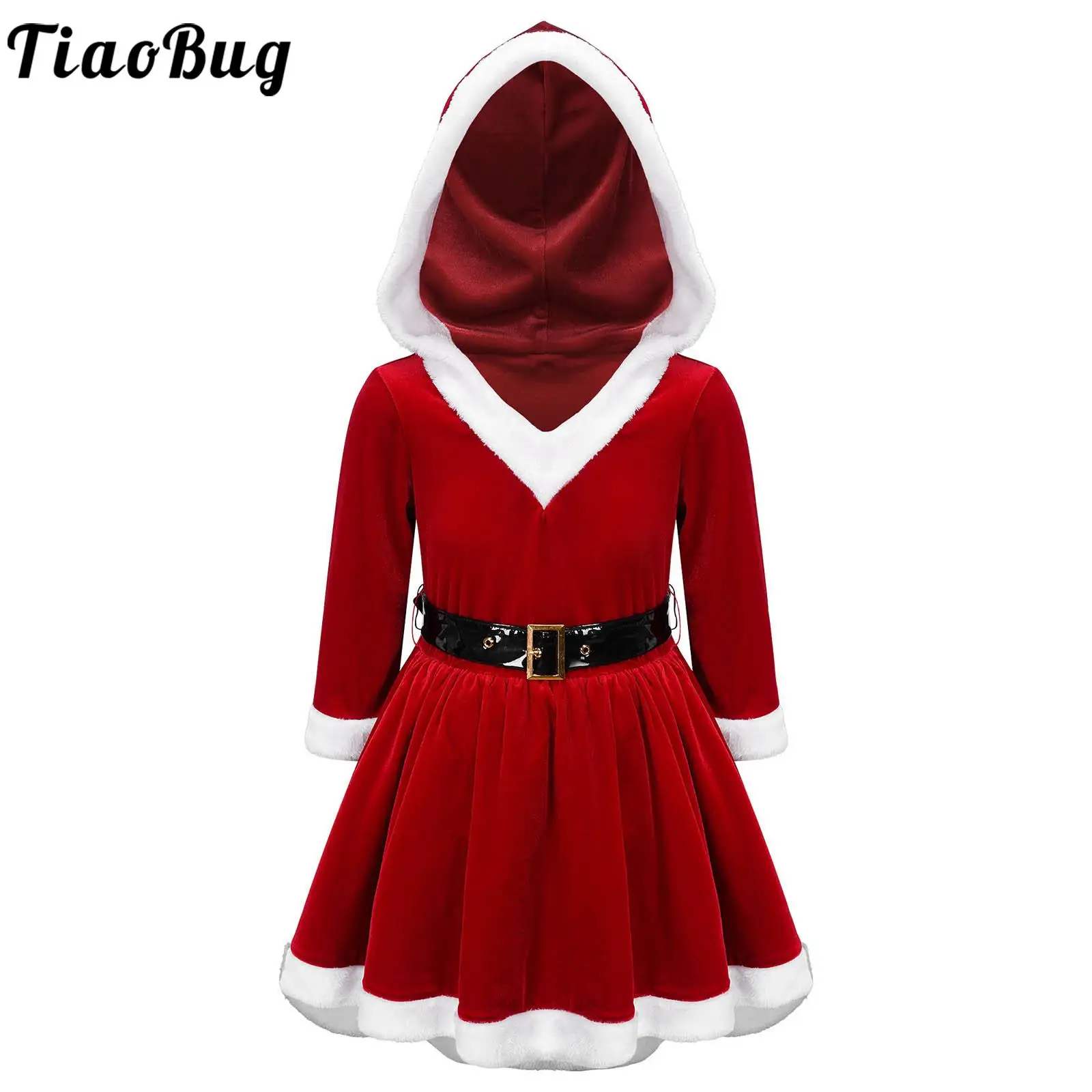 

Kids Girls Claus Santa Christmas Costume Xmas Party Halloween Cosplay Long Sleeve Hooded Velvet Dress Tulle Underskirt with Belt