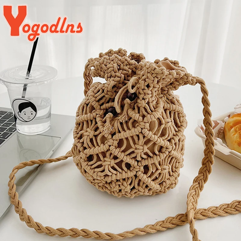 Yogodlns 여성용 코튼 로프 버킷 숄더백, 수제 우븐 핸드백, 여름 해변 가방, 드로스트링 크로스바디 백, 지갑 볼사 