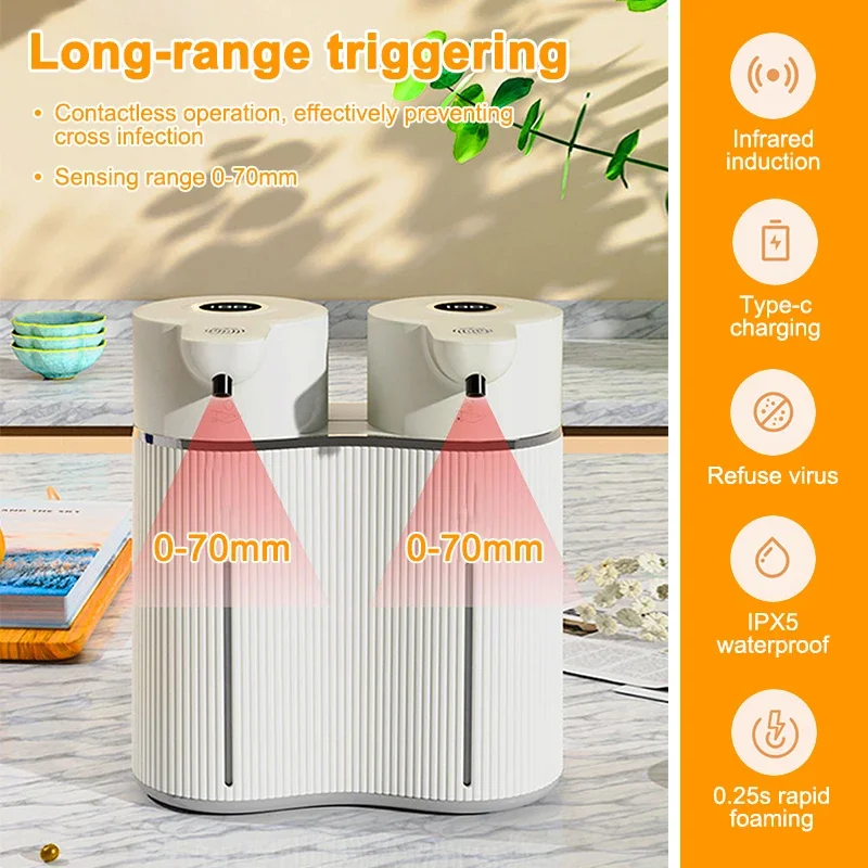350ml 2 Outlet Automatic Foaming + Liquid Soap Dispenser Infrared Sensor USB Rechargeable Sanitizer Dispenser Wall Mounted IPX5