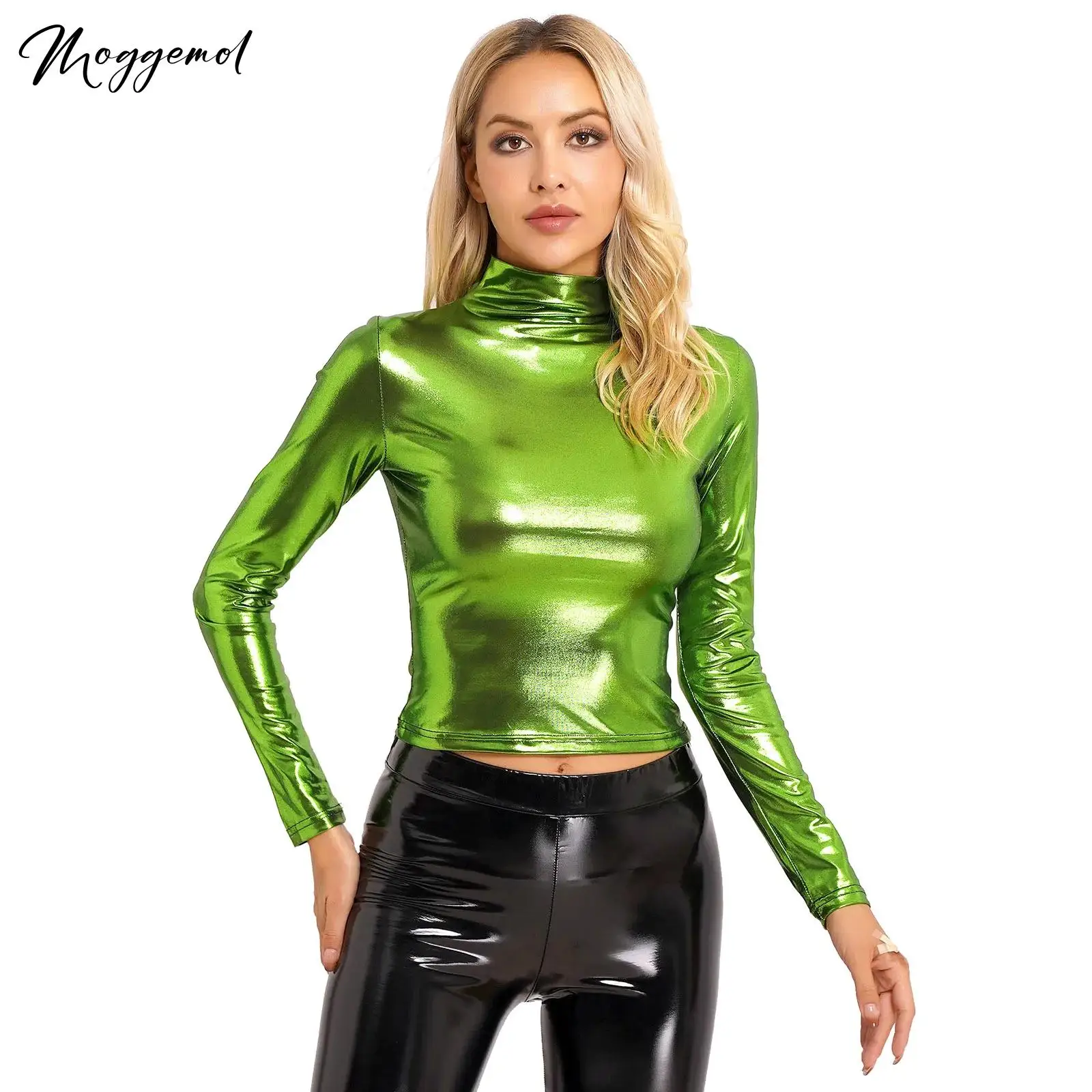 

Женская металлическая футболка с длинным рукавом, блестящий облегающий голографический топ с ложным воротником, для коктейльных танцев, семейный костюм для музыкального фестиваля