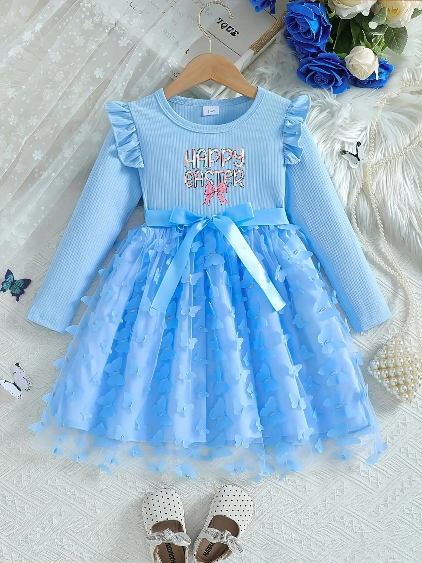 Girls Blue Easter Mesh Dress 3