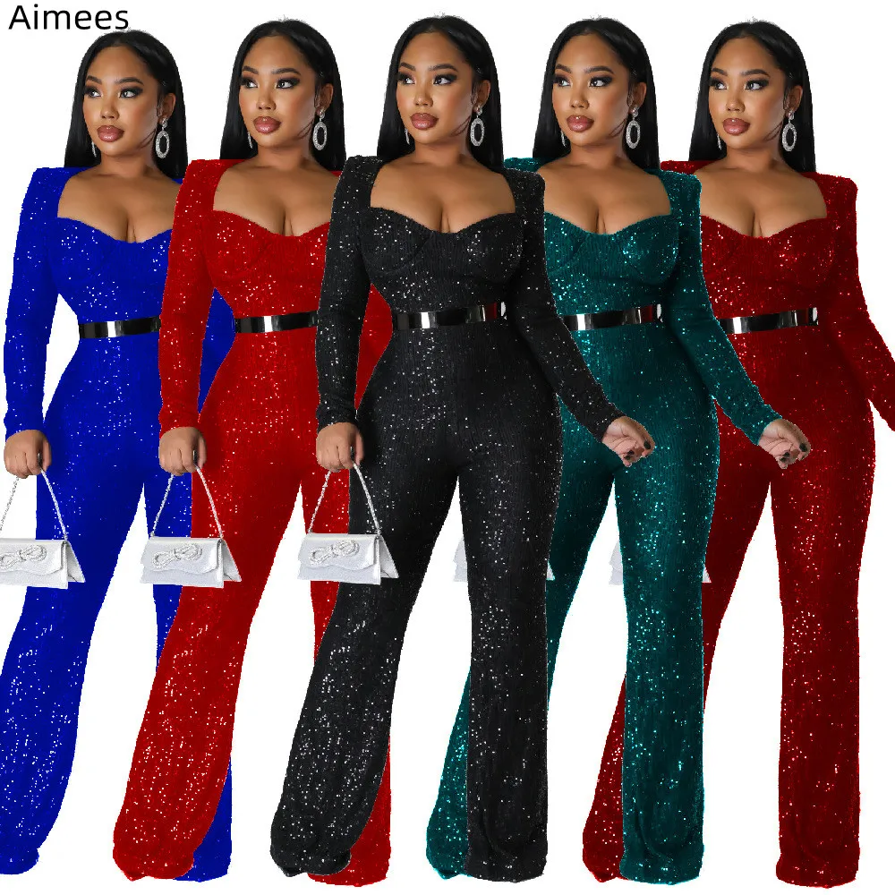 

2023 Newest Shinning Sequins Women Jumpsuit for Nightclub Party V Neck Long Sleeves Sexy Ladies Rompers Fashion Overalls