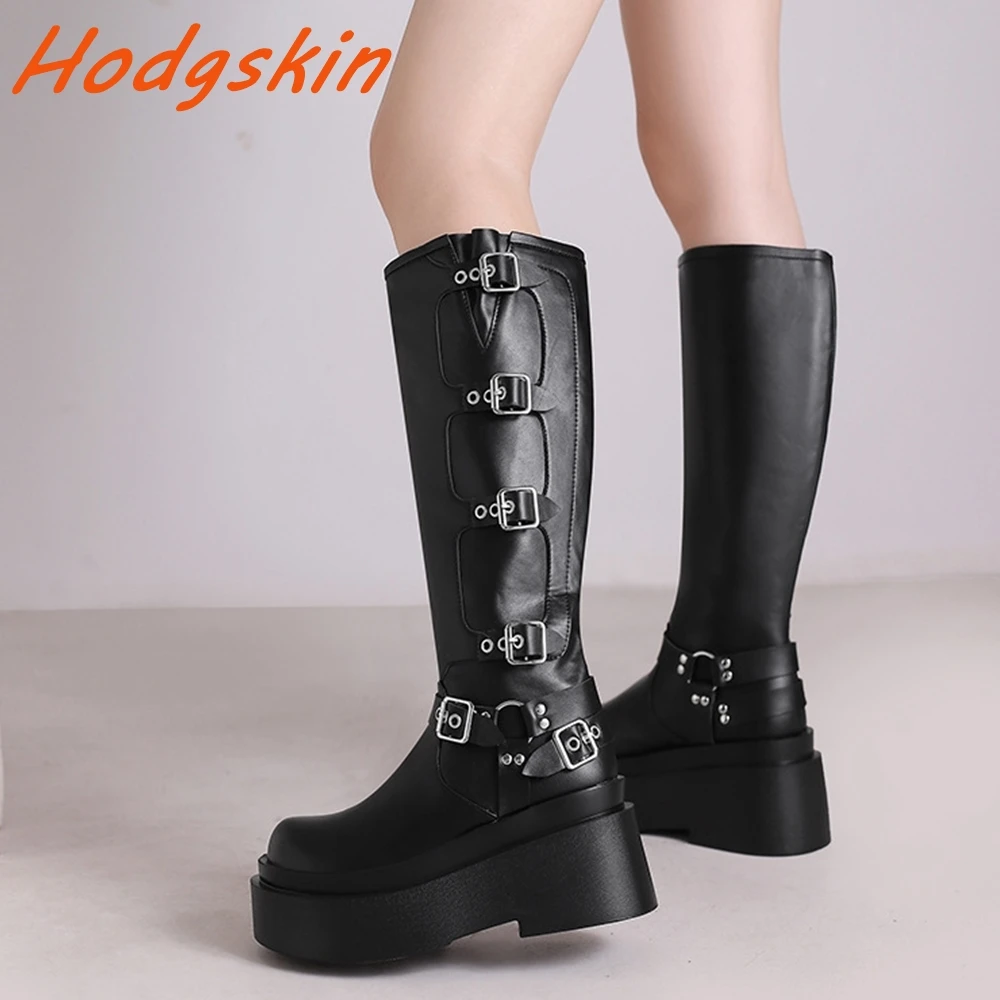 Candy Colors Women's Boots Patent Leather Round Toe Metal Buckle Strap Comfy Flat Thick Sole Shoes Street Style Knee High Boots