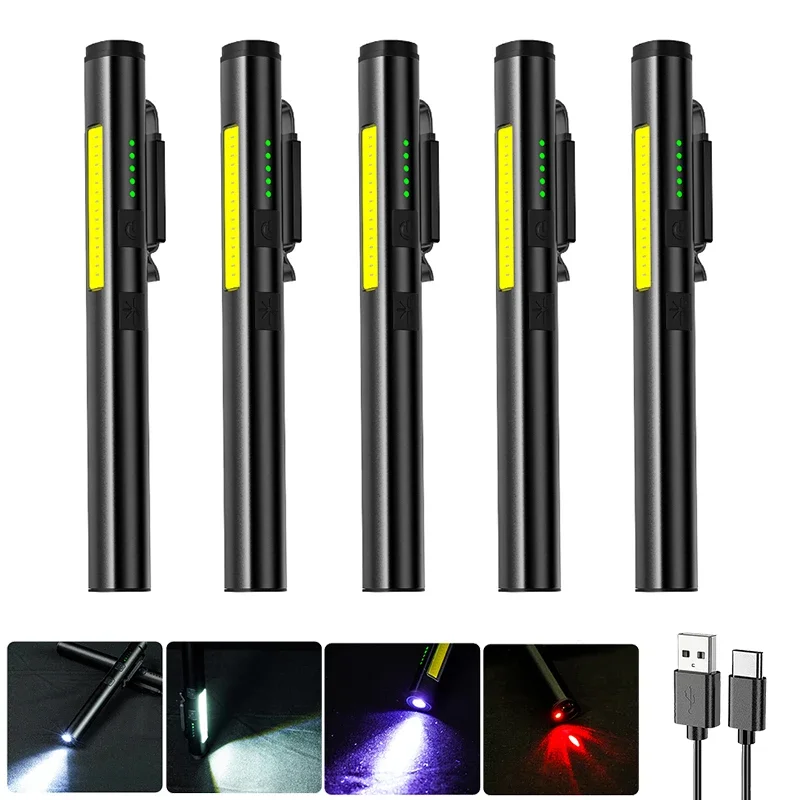 

Usb Rechargeable UV Flashlight 4 In 1(UV/LED/COB)Multifunctional Mini LED 4 Light Sources Pen Clip Flashlight with Indicator