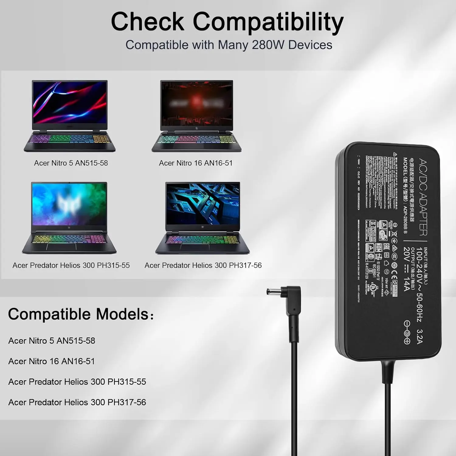 Acer Predator Helios 300 PH315-55 PH317-56 Nitro 5 AN515-46 AN515-58 AN517-42 AN517-55 Nitro 16 AN용 280W 전원 공급 장치 충전