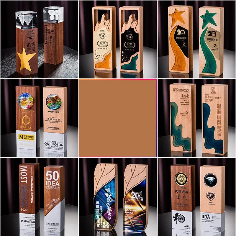 Customized Creative Crystal Solid Wood Trophy, Sports, Music, Award, Business, Events, Gifts, Home Decoration, High-end, 1Pc
