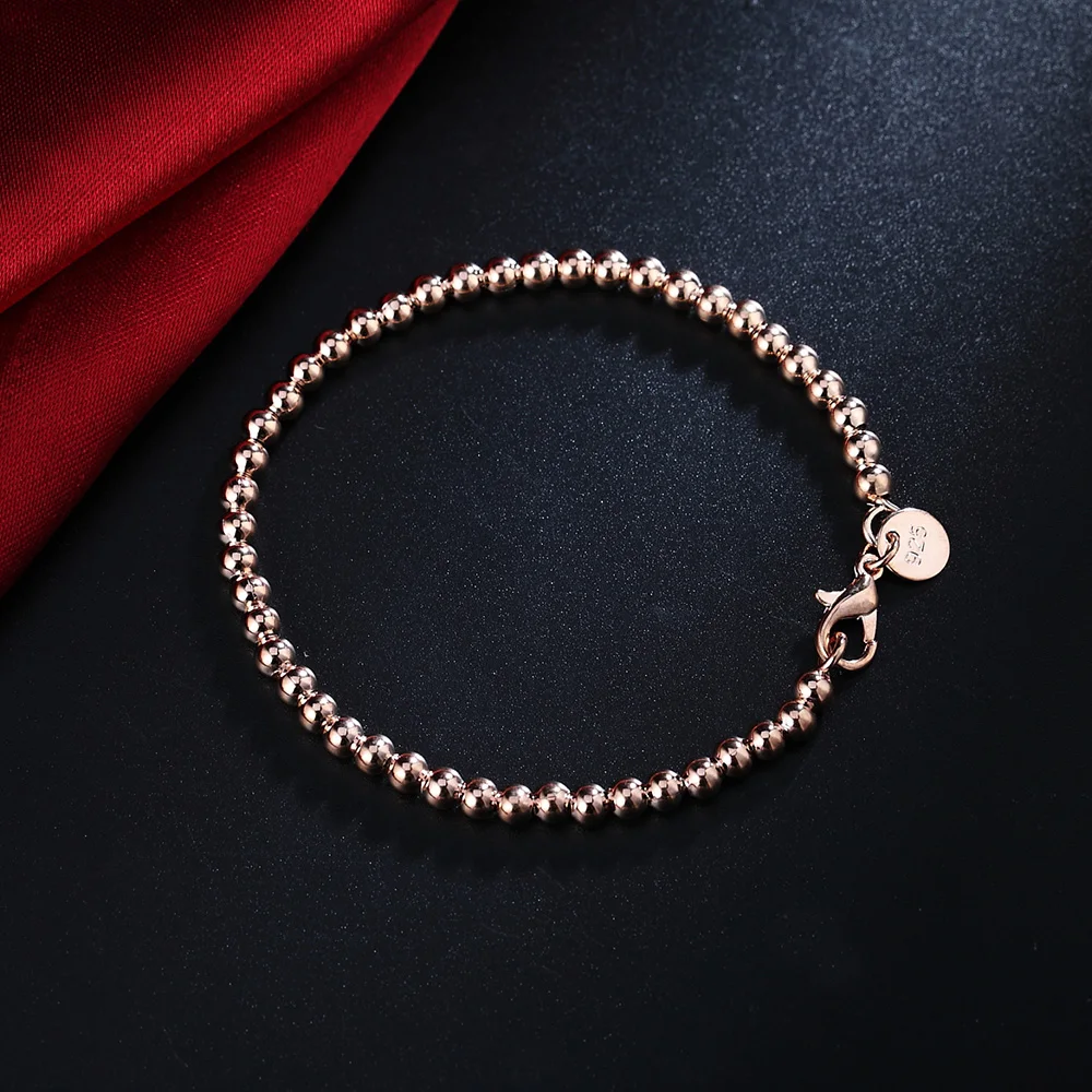 

Hot 925 Sterling Silver Plated 18K Rose Gold Color 4MM Beads Chain Bracelets for Women Fashion Party Wedding Gifts Fine Jewelry