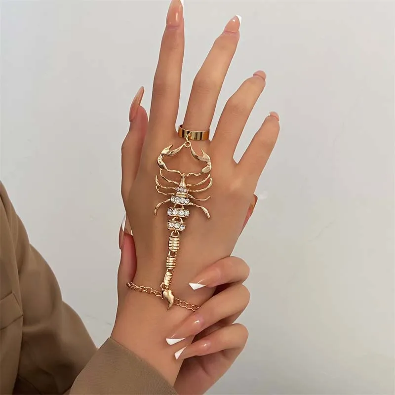 Chain Bracelet Crystal Bracelet Charm Bracelet Stainless Steel Jewelry Vintage Punk Scorpion Tassel Chain Ring Bracelet Sets for Women Men Gothic Crystal Ring Connected Finger Charm Bracelets Jewelry