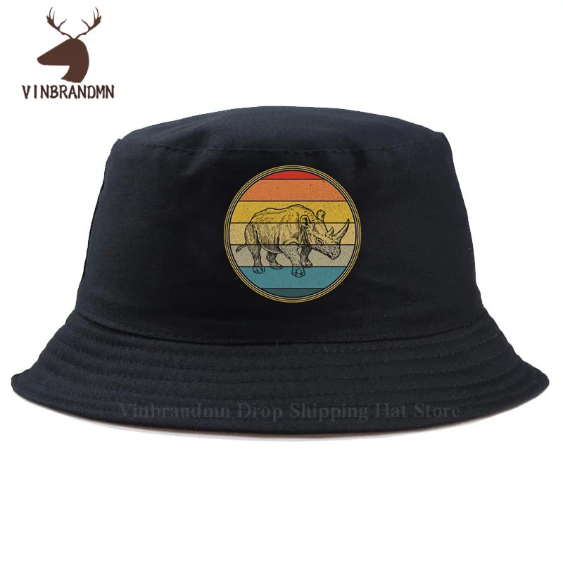 Rhino Retro Style Sunset Vintage Distressse Bucket Hats Casual Cool Summer Baseball Caps Outdoor 100% Cotton Hip Hop Fishing Hats