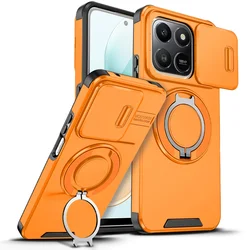 Rugged Shockproof Phone Case with Slide Camera Cover and Rotating Kickstand for Honor X8d (Orange)