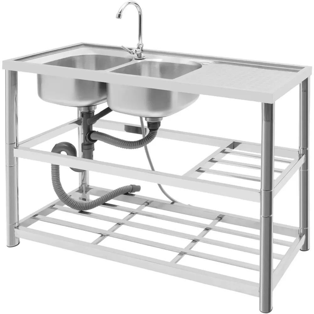 Commercial Stainless Steel Sink Freestanding Utility Sink with Faucet Kitchen Sinks Freestanding with Cabinet Double Bowl 6