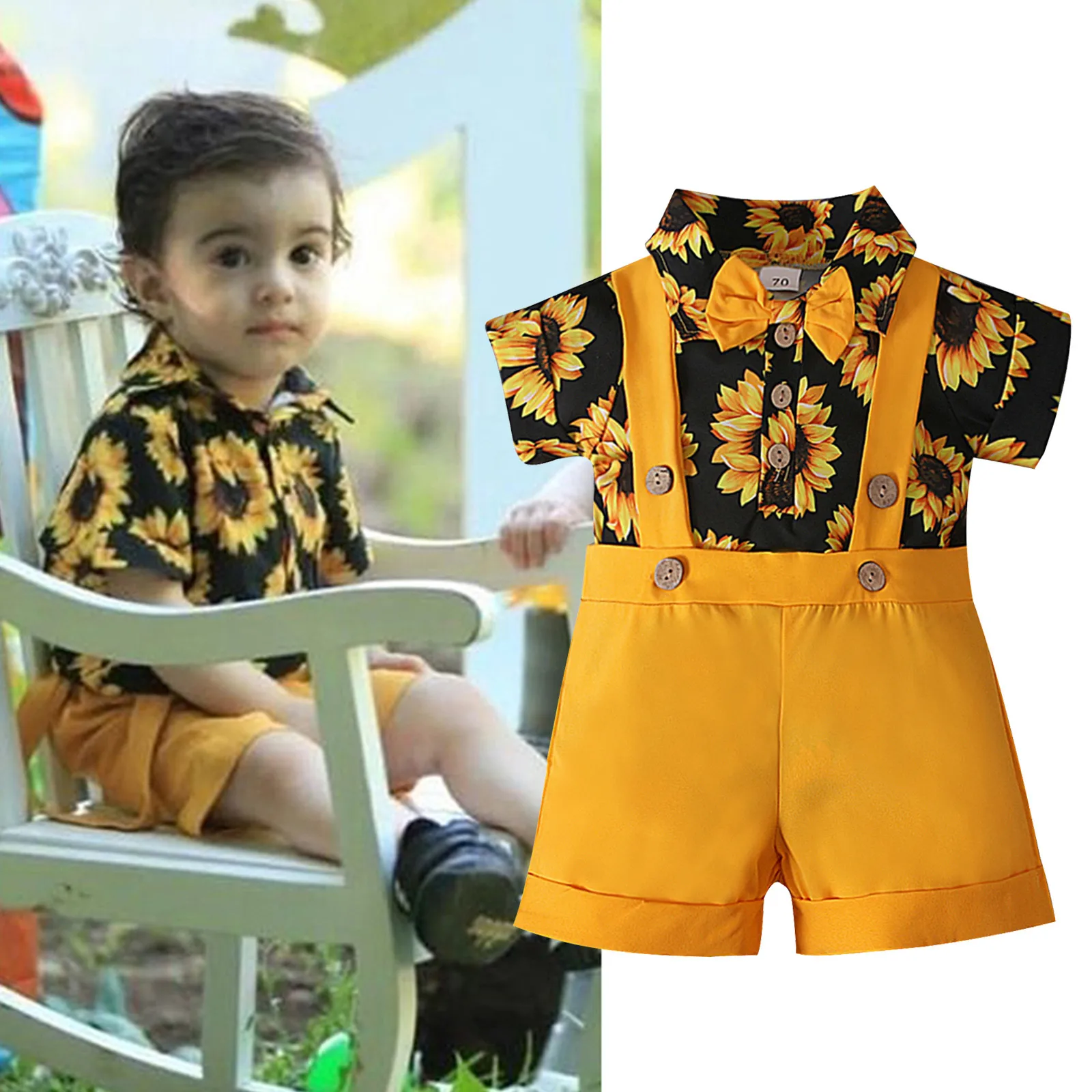 

Toddler Baby Boys Summer Clothes Set Sunflowers Print Romper Bodysuit+Solid Overalls Shorts 2 Piece Set Infant Outfits 0-24M