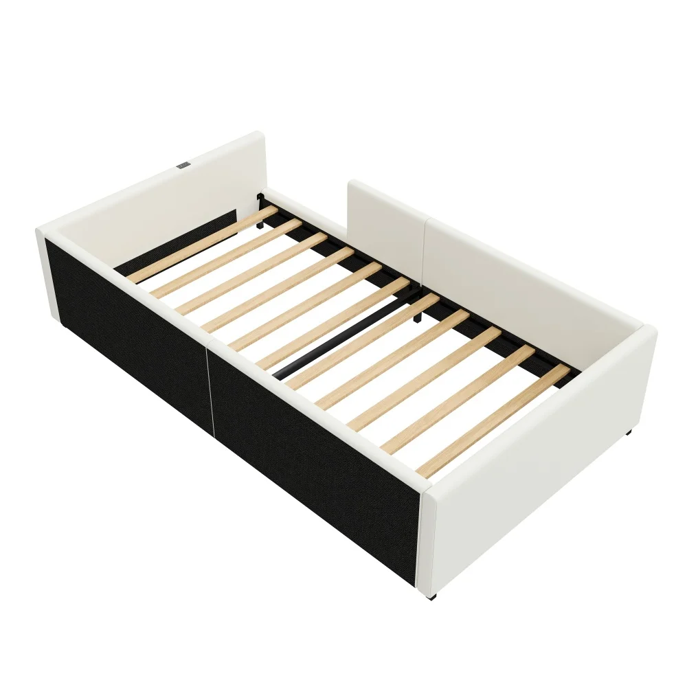 90 x 200 cm modernes gepolstertes Plattformbett mit Geländer und Ladestation, gepolstertes Geländer, stabile Konstruktion, für Schlafzimmer, weiß – Detail 18