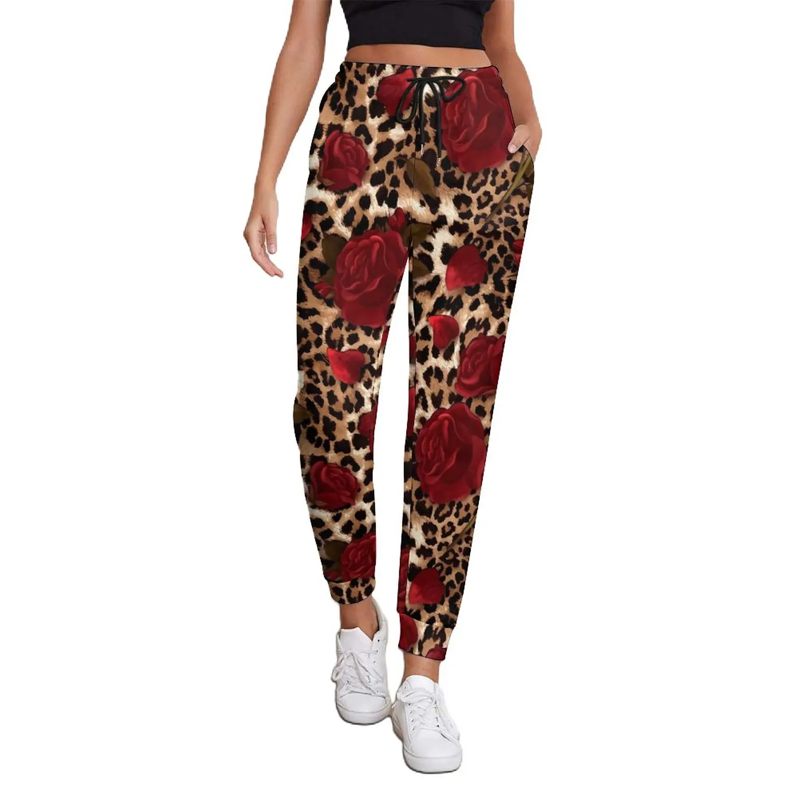 

Floral Leopard Print Pants Red Roses Trendy Oversize Sweatpants Spring Ladies Custom Streetwear Trousers