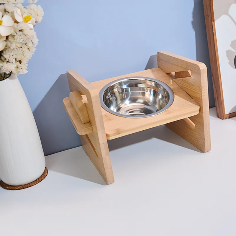 Vantic Elevated Dog Bowls-Adjustable Raised Dog Bowls with Stand for Small Size Dogs and Cats,Durable Bamboo Dog Feeder with 2 Stainless Steel Bowls