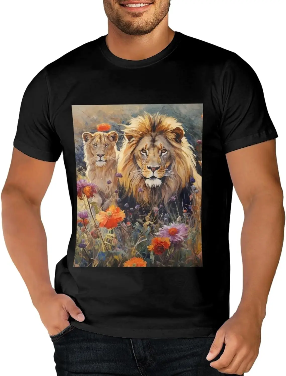 

Unisex Cotton Short Sleeve Crewneck T-Shirts 3D Floral Lion Printed Graphics Top Casual Tees