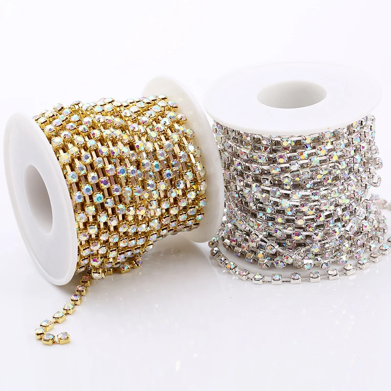 상위 등급 SS6-SS38(2mm-8mm) 스파 스 클리어 크리스탈 라인 석 컵 체인 슬리버/골드 크리스탈 AB 라인 석 체인 트림 장식