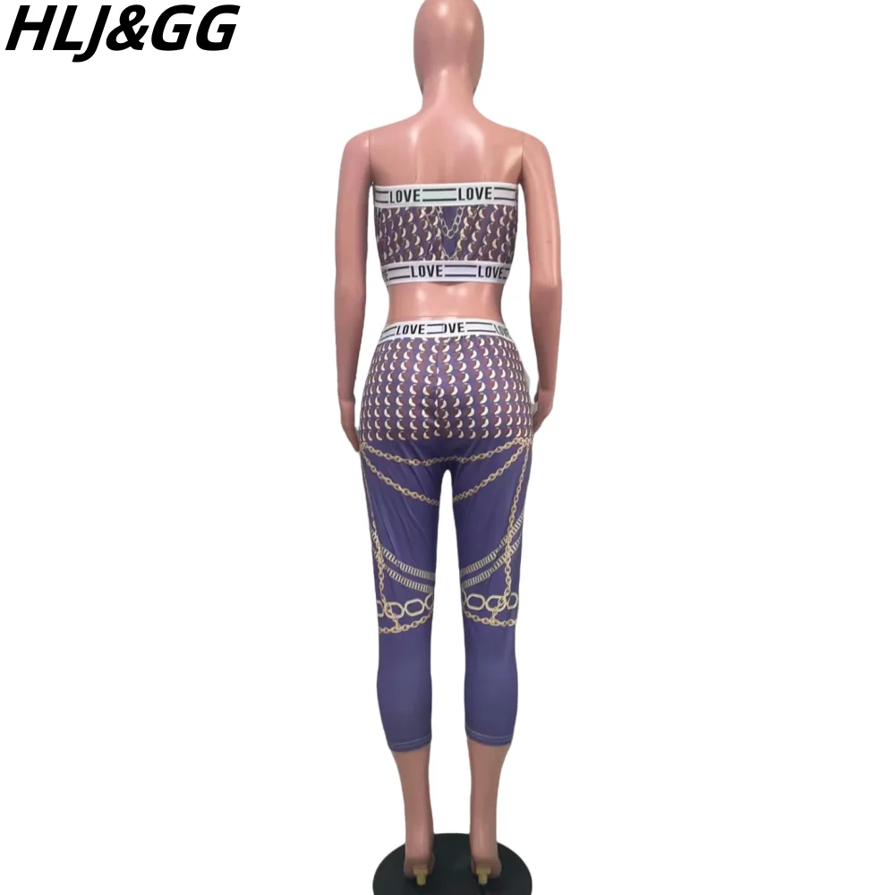 HLJ&GG Fashion Retro Patterns Print Two Piece Sets Women Off Shoulder Sleeveless Backless Tube + Skinny Pants Outfits Streetwear