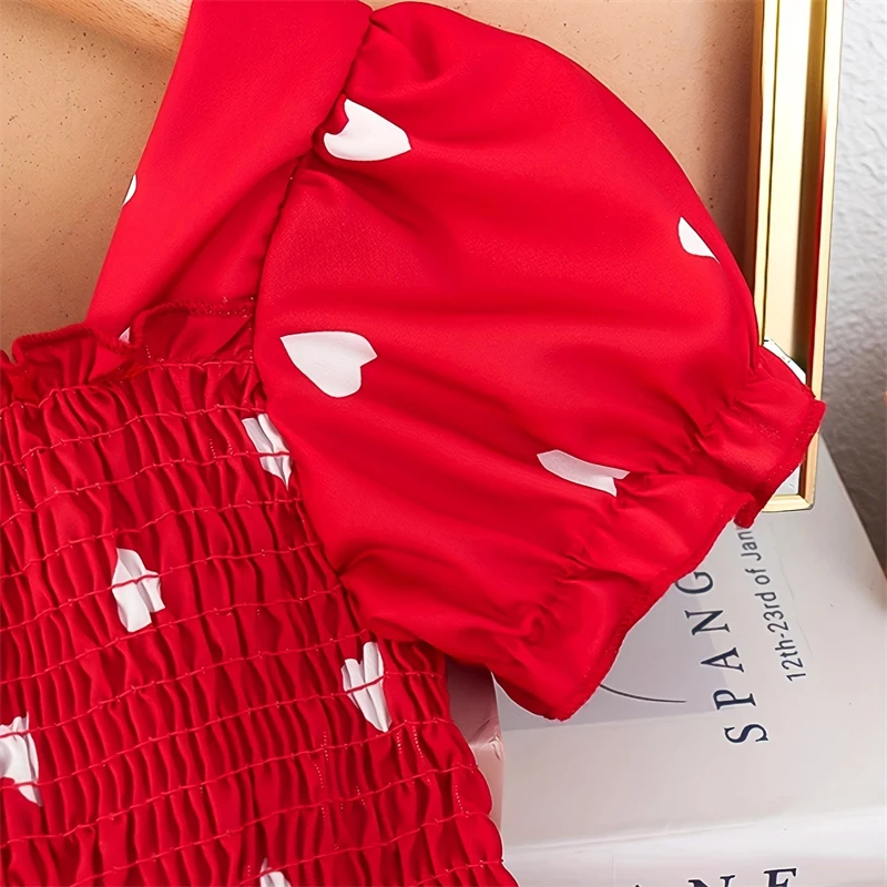 أزياء الأطفال الصيف الأحمر نفخة الأكمام اللباس طفلة منقطة القلب الملابس رائعتين الاطفال فساتين حفلة عيد ميلاد السنة الجديدة