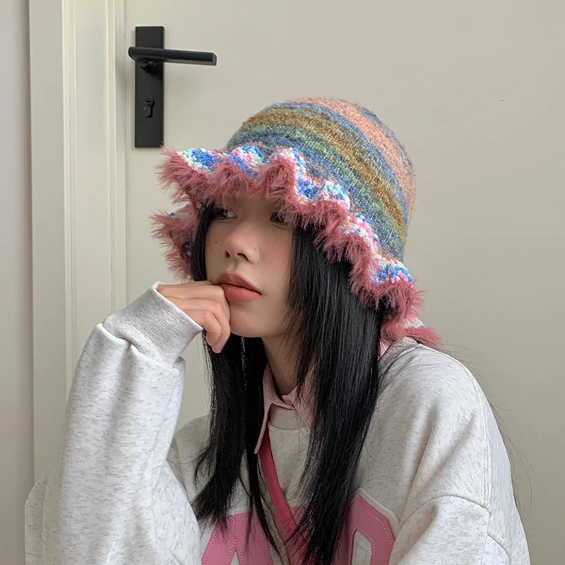 

Ruffle Hem Warm Hat Gradient Contrast Color Plush Knitted Hat Retro Rainbow Knitted Hat Striped Oil Painting Woolen Furry Brim