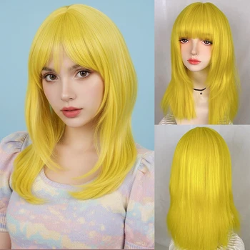 Parrucca sintetica lunga diritta gialla con frangia per le donne Cosplay quotidiana Lolita Party Soffici capelli finti resistenti al calore