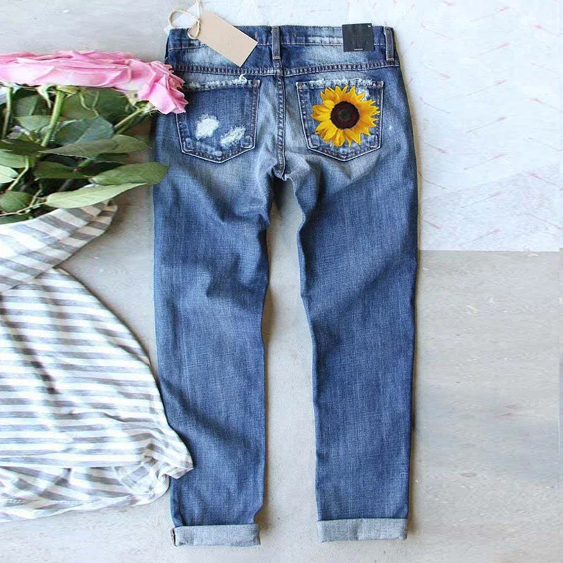 Printed washed jeans for women spring and autumn high street ins style casual wide leg pants American straight trousers