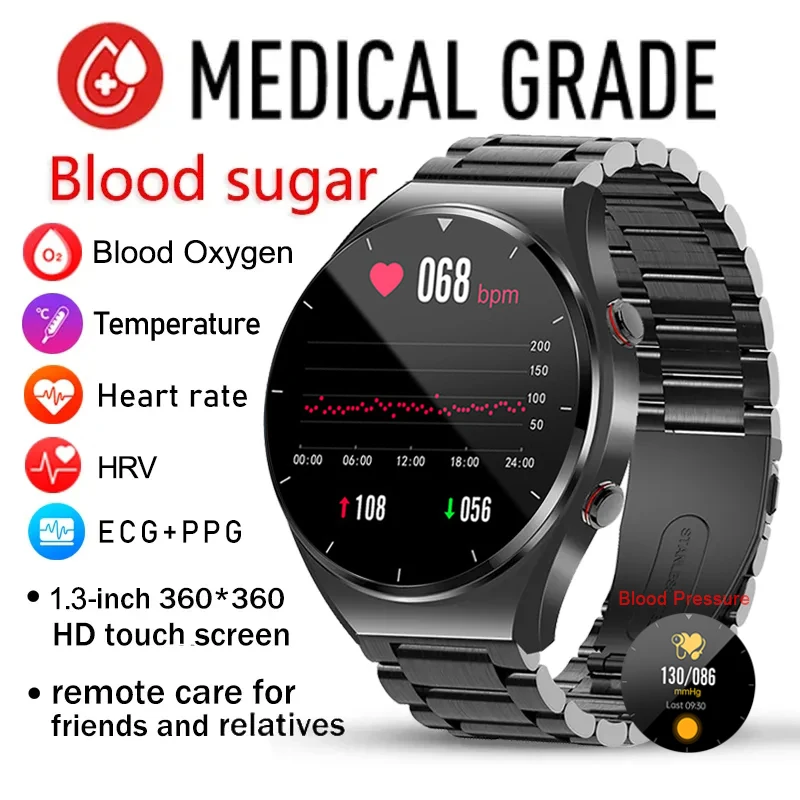 

Healthy Blood Sugar Smart Watch Men ECG+PPG Precise Body Temperature Heart Rate Monitor Smartwatch HRV Blood Pressure Watch 2023