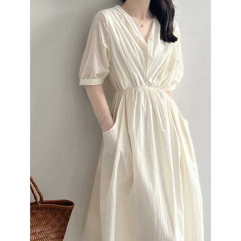 Women Clothing Vintage V-neck Pleated Dress 2024 Summer New Fashionable Temperament Lace-up Waist Solid Color Elegant Dress