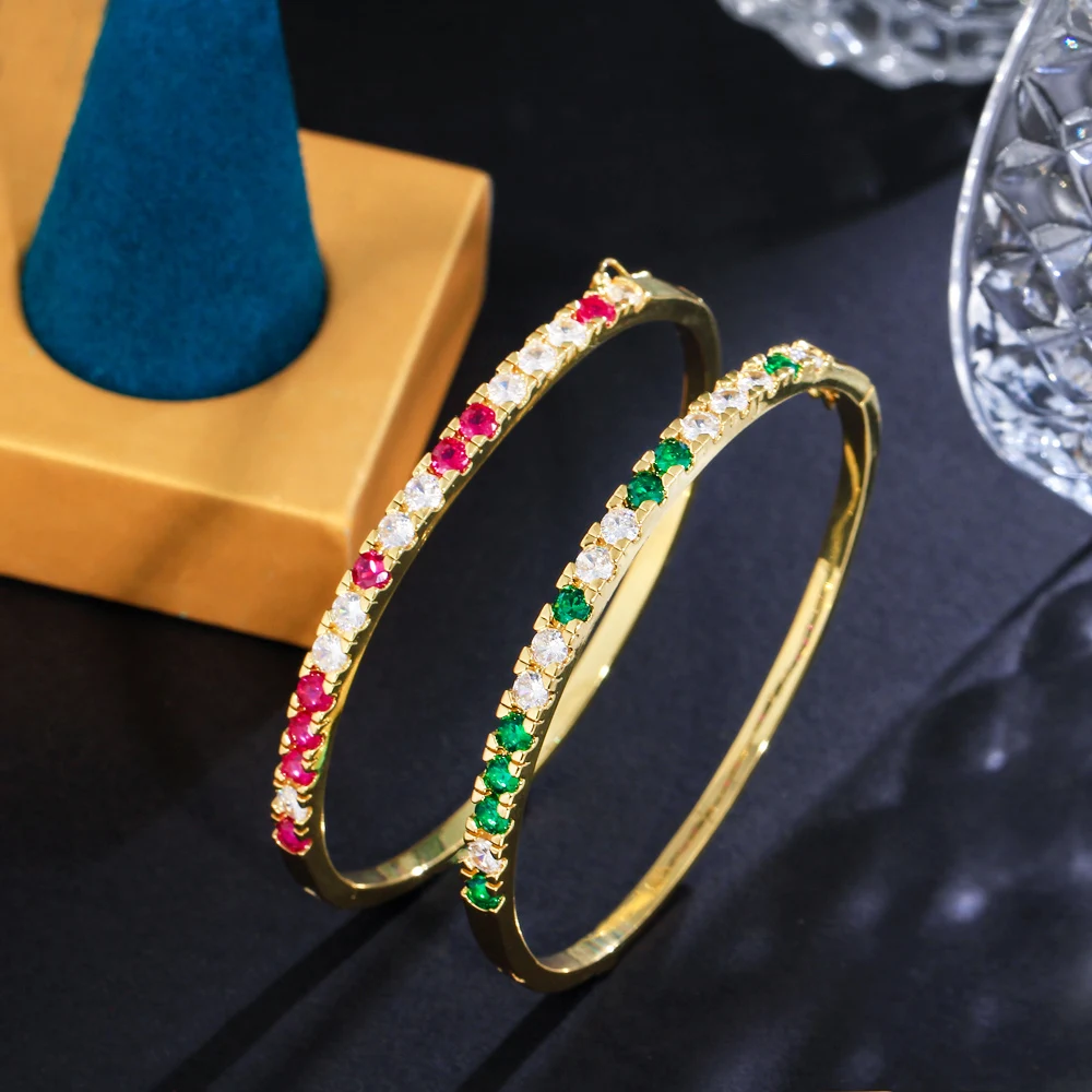 CWWZircons Classic Bling Round Cubic Zirconia Pave Gold Plated Green Tennis Bangle for Women Trendy Jewelry Accessories BG061 3