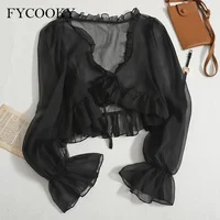 2025 Flounce Chiffon Sunscreen Shirt Women Summer Ice Silk Solid Thin Sweet Ruched Flare Sleeve V-neck Cardigans Female