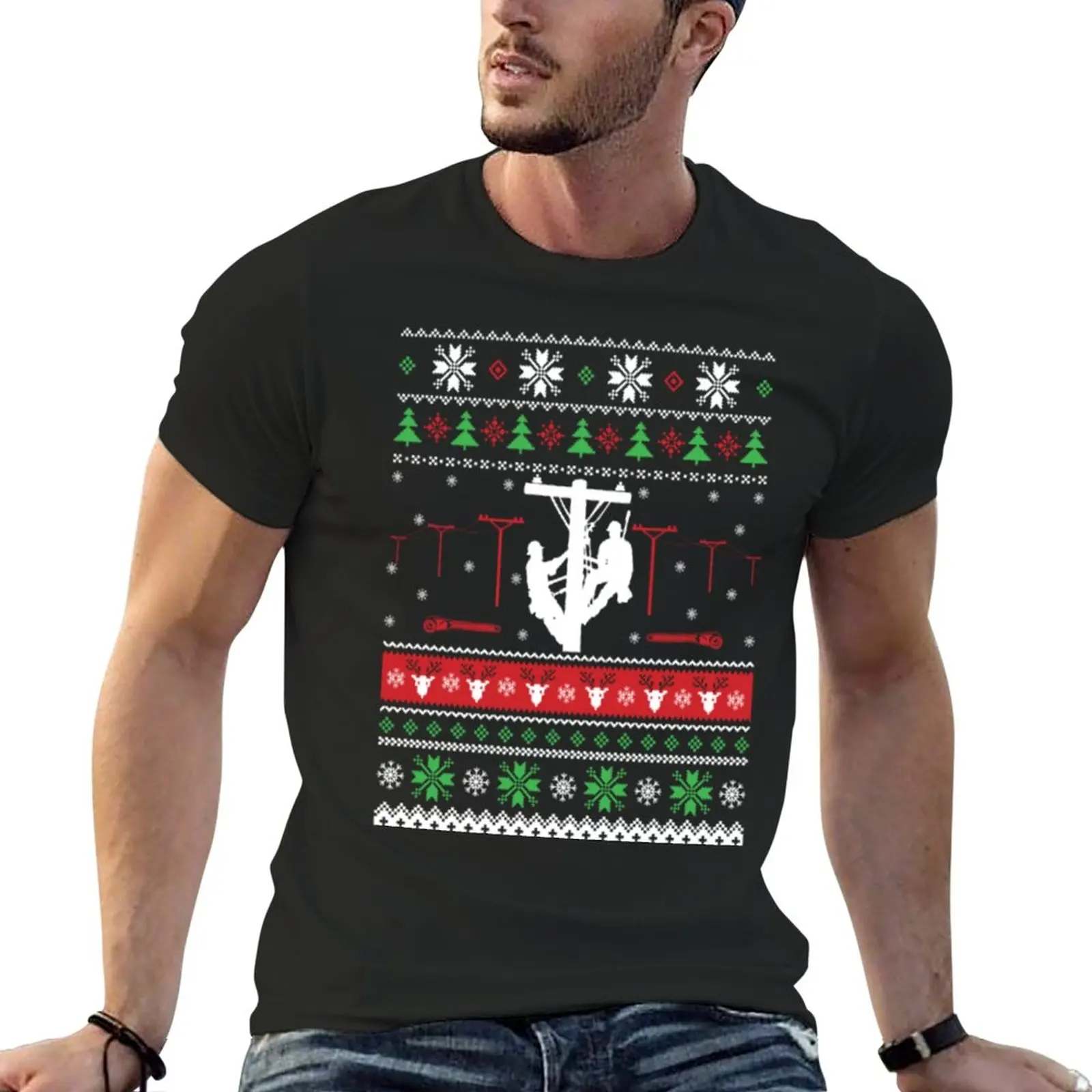 

Merry Lineman Co worker Ugly Christmas Sweater Funny Tshirt T-Shirt t-shirts man summer top t shirts for men pack