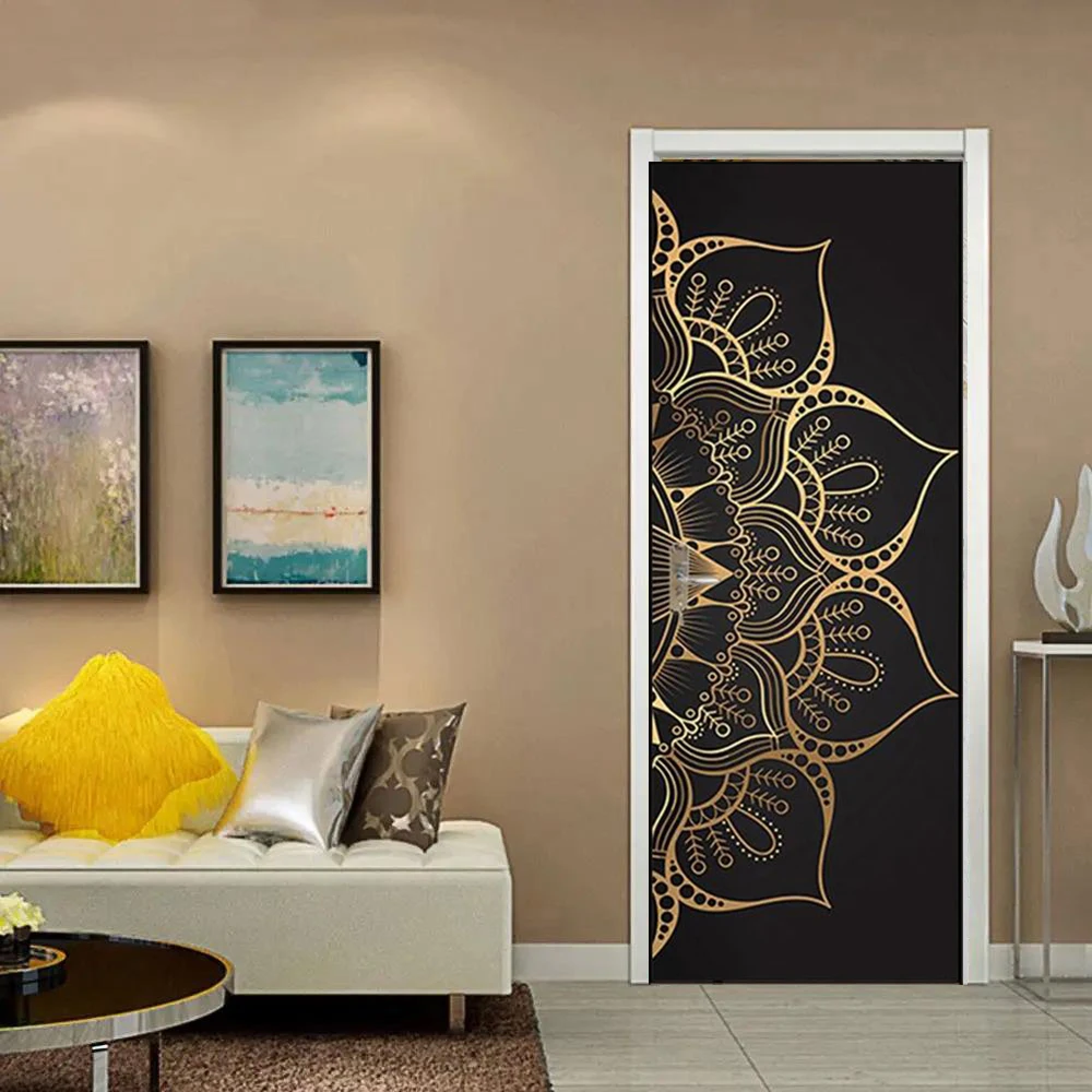 팜 식물 3D 문 벽지 스티커 비닐 만다라 구호 꽃 문 벽화 커버 거실 홈 장식