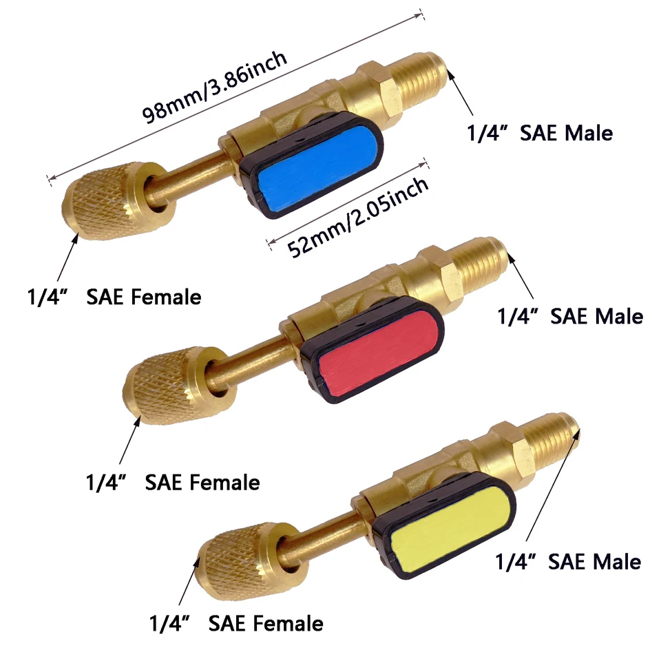 Senville 18000 Btu 3 Pieces Refrigerant Compact Ball Valve Adaptor, 1/4" SAE For R410A R134A R12 R22 AC HVAC & R12 R22 To R134A, Fits R502 Charging Hoses AC Refrigerant Valve Core