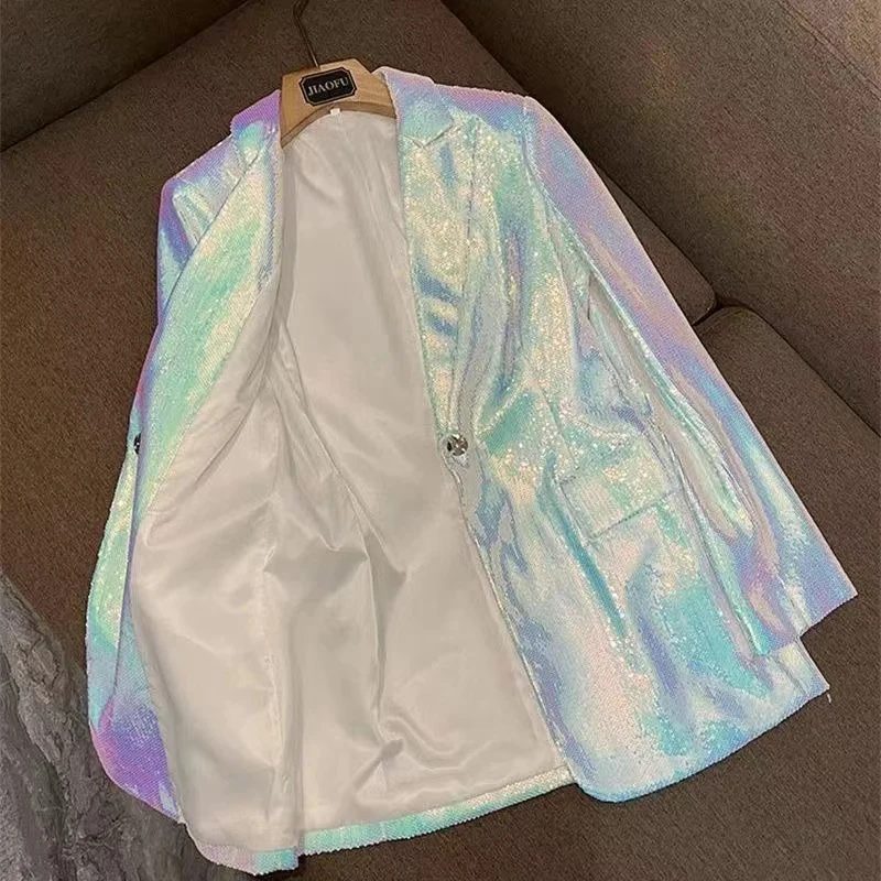 Sparkly Blazer Short Suit For Women 2025 Autumn Turn-down Collar Blazer Jaclets And Shorts Ladies 2 Piece Sets Outfits